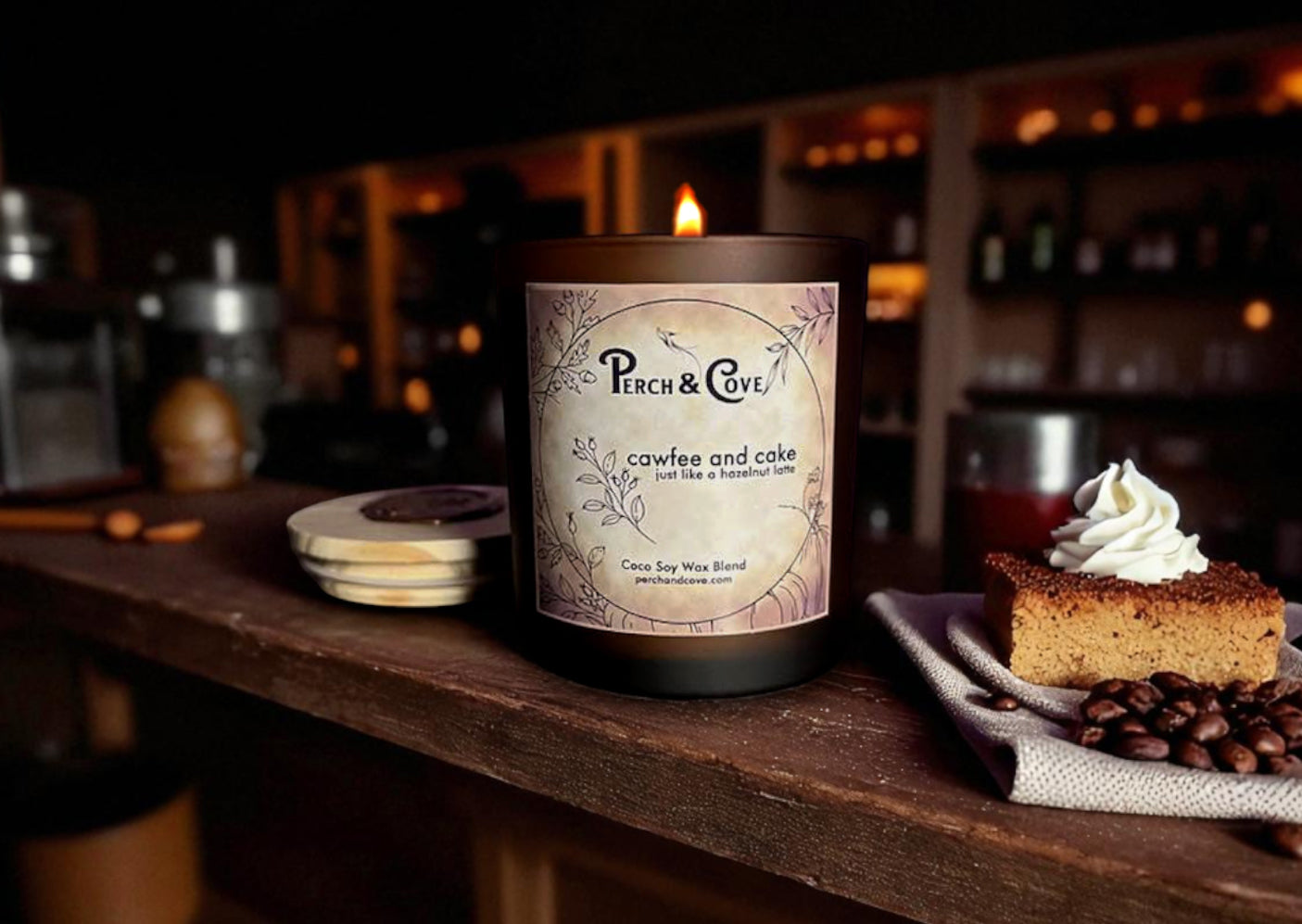 Cawfee and Cake Fall Scented Candle smells like a hazelnut latte and cinnamon crumb cake with Hazelnut Latte, Brown butter, Brown Sugar, coffee