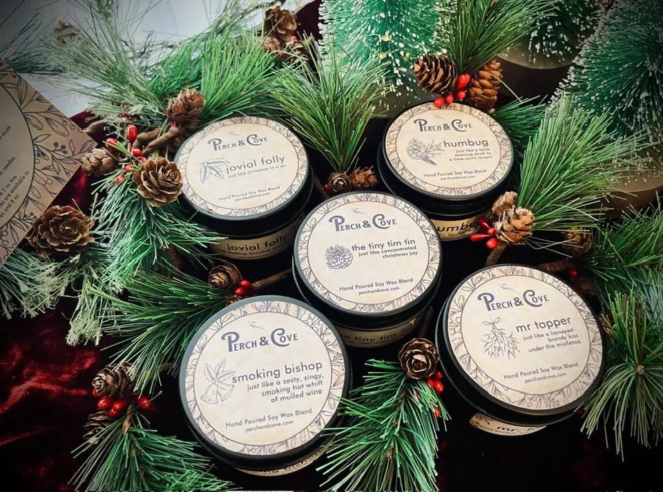 Dickens Scented Candle Gift Set for Christmas. Dickensian Christmas Carol gift set of candles, Tiny Tim, Smoking Bishop, Mr Topper, Humbug, Scrooge, Fezziwig. Yuletide scents of fir, pine, zesty orange, mulled wine, gingersnap cookies, brandy, fireplace embers, figgy pudding, gin, oud wood