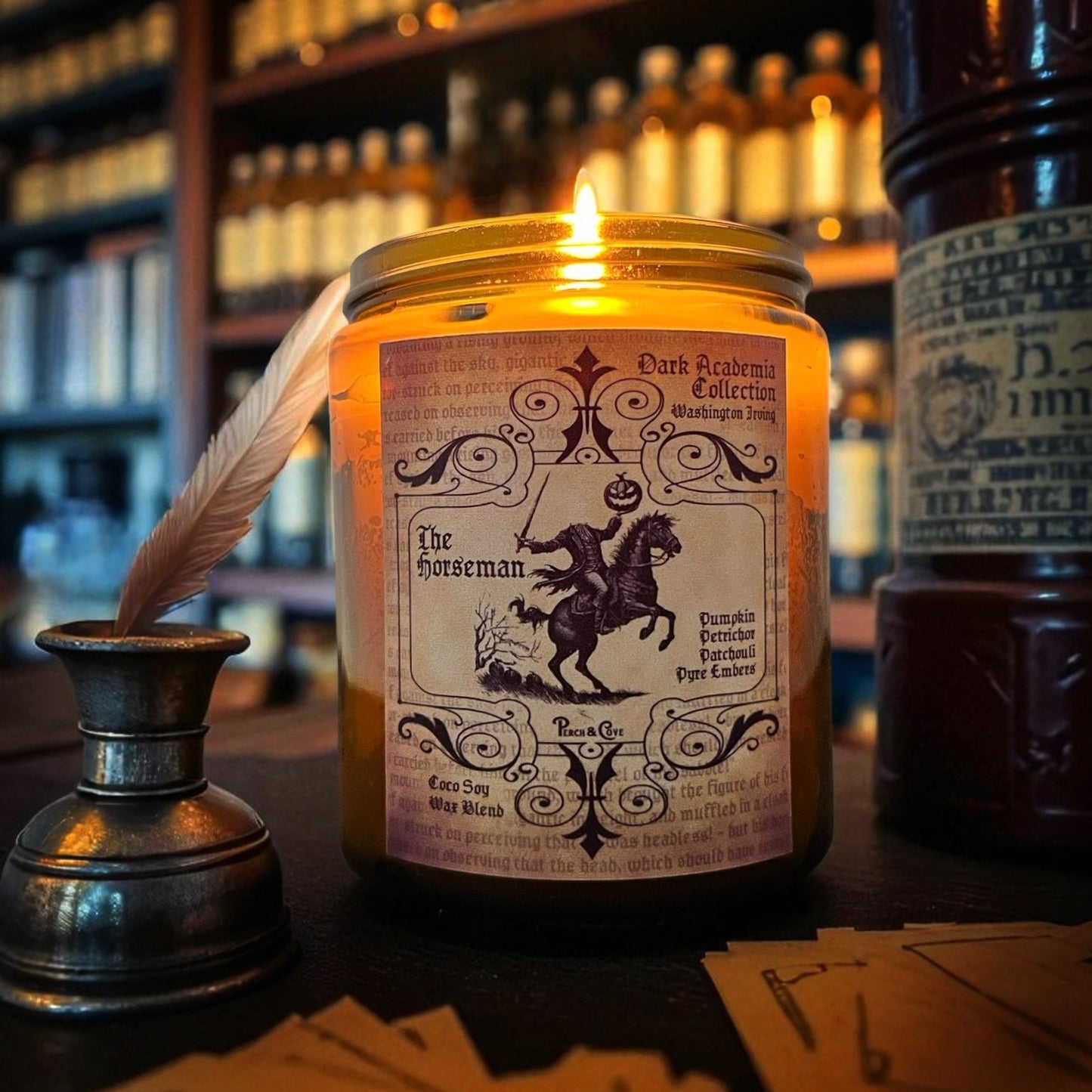 Dark Academia Gothic Literature Candle for Halloween Gothic Horror Fans, The Headless Horseman smells like Pumpkin,
Patchouli, Petrichor, Pyre Embers