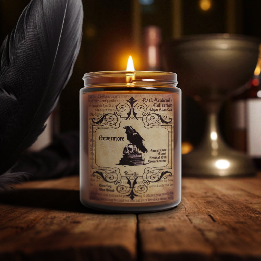 Nevermore candle is inspired by Edgar Allan Poe's The Raven. Perfect for Dark Academia fans, Gothic Literature fans. Nevermore candle smells like Forest Dew, Black Cherry Claret, Smoked Oud, Worn Leather. Halloween Fall Candle