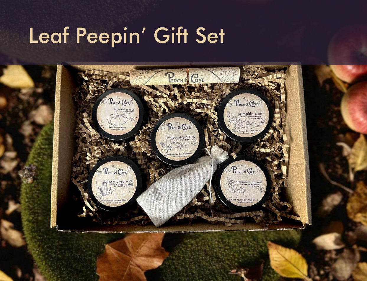 Leaf Peepin Candle Gift Set features 5 Fall scented candles, apple, pumpkin, chai latte, hazelnut coffee, toasted marshmallows, graham crackers, s'mores, fireplace embers, apple pie, mint chocolate cocoa