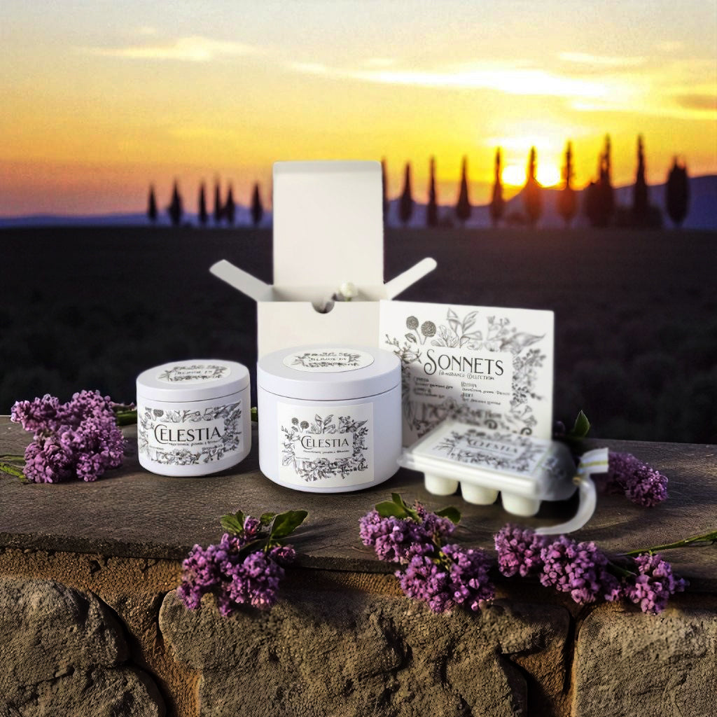 Shakespeare Sonnets Collection candles - Juliet rose, Ophelia waterlily, Celestia moonflower, and Sonnet 18 mandarin lilac literary candles