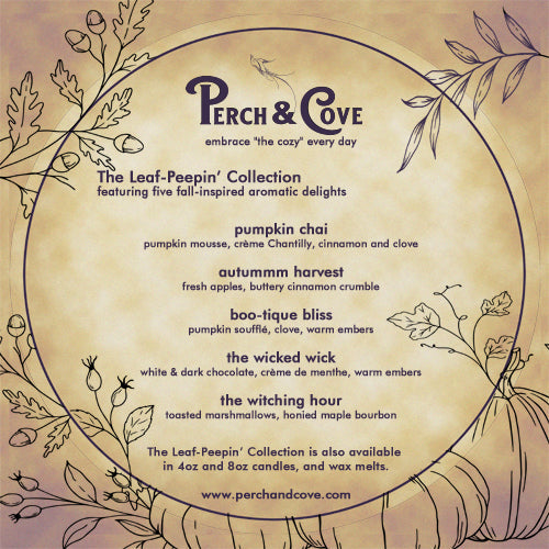 Leaf Peepin autumn fall candle collection featuring pumpkin chai, hazelnut latte, apple pie, and Halloween scented candles