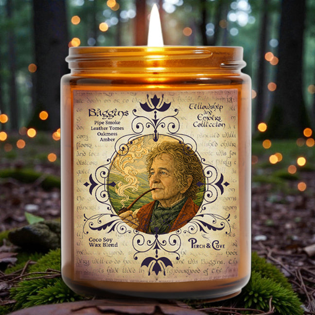 Bilbo Baggins scented candle with pipe smoke, leather, and oakmoss