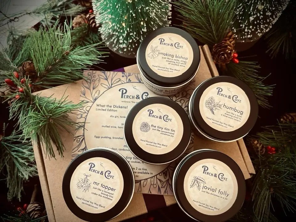 Dickens Scented Candle Gift Set for Christmas. Dickensian Christmas Carol gift set of candles, Tiny Tim, Smoking Bishop, Mr Topper, Humbug, Scrooge, Fezziwig. Yuletide scents of fir, pine, zesty orange, mulled wine, gingersnap cookies, brandy, fireplace embers, figgy pudding, gin, oud wood