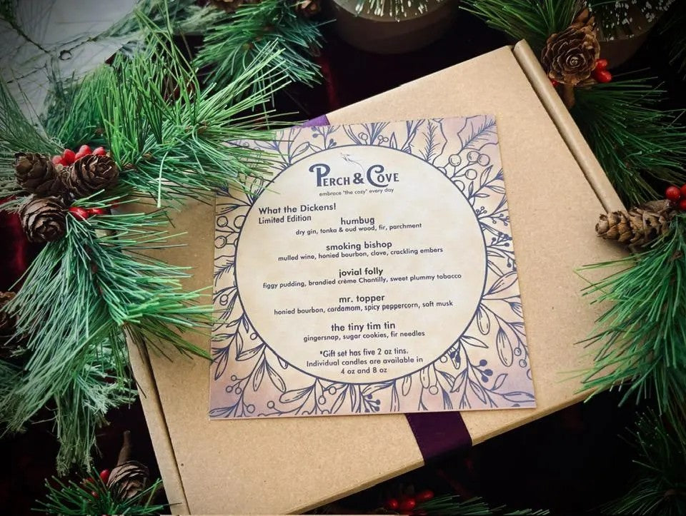 Dickens Scented Candle Gift Set for Christmas. Dickensian Christmas Carol gift set of candles, Tiny Tim, Smoking Bishop, Mr Topper, Humbug, Scrooge, Fezziwig. Yuletide scents of fir, pine, zesty orange, mulled wine, gingersnap cookies, brandy, fireplace embers, figgy pudding, gin, oud wood