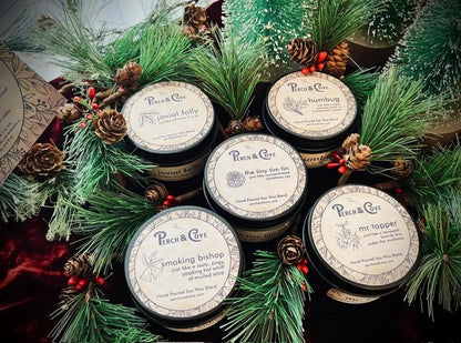 Dickens Scented Candle Gift Set for Christmas. Dickensian Christmas Carol gift set of candles, Tiny Tim, Smoking Bishop, Mr Topper, Humbug, Scrooge, Fezziwig. Yuletide scents of fir, pine, zesty orange, mulled wine, gingersnap cookies, brandy, fireplace embers, figgy pudding, gin, oud wood