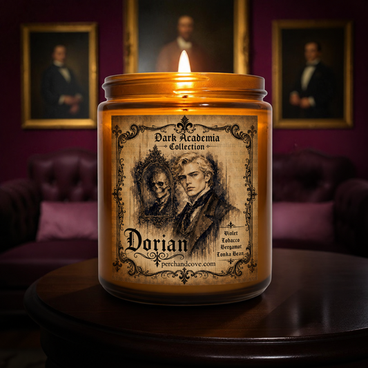 Sophisticated scent of Dorian Gray candle inspired by Oscar Wilde. Dorian Gray candle smells like Tobacco Leaf, Bergamot, Tonka Bean, Violet, Leather, soft musk. Dorian candle is intoxicating and sexy.
