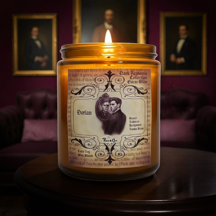Sophisticated scent of Dorian Gray candle inspired by Oscar Wilde. Dorian Gray candle smells like Tobacco Leaf, Bergamot, Tonka Bean, Violet, Leather, soft musk. Dorian candle is intoxicating and sexy.