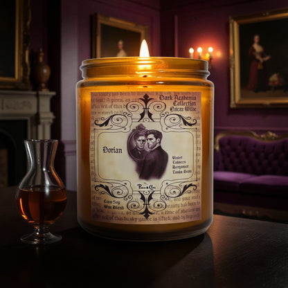 Sophisticated scent of Dorian Gray candle inspired by Oscar Wilde. Dorian Gray candle smells like Tobacco Leaf, Bergamot, Tonka Bean, Violet, Leather, soft musk. Dorian candle is intoxicating and sexy.