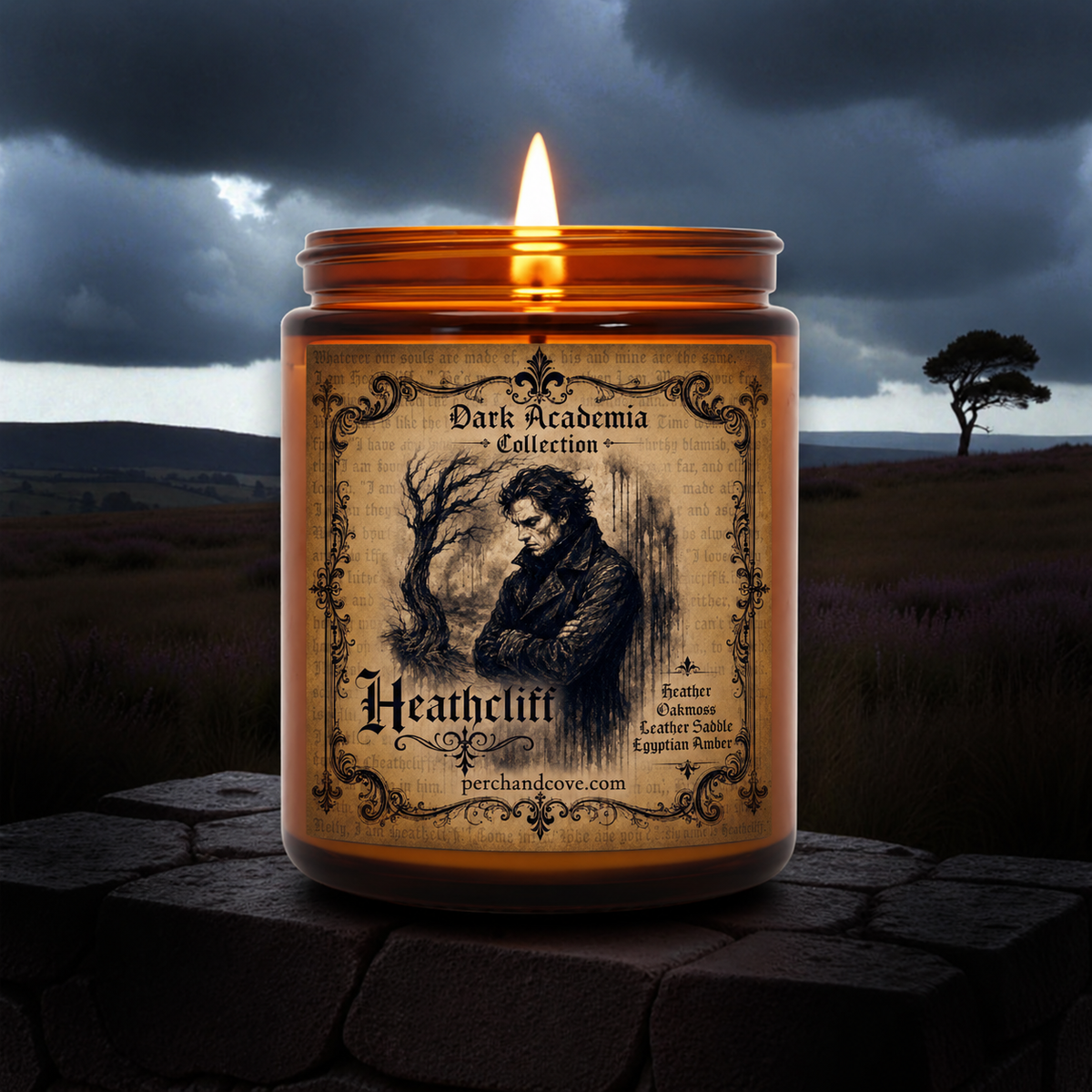 Heathcliff candle is inspired by Emily Bronte's Wuthering Heights. Dark Academia fans, Gothic Literature fans. Heathcliff candle smells like heather, oakmoss, leather saddle, Egyptian amber, soft musk, petrichor