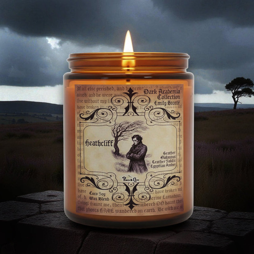 Heathcliff candle is inspired by Emily Bronte's Wuthering Heights. Dark Academia fans, Gothic Literature fans. Heathcliff candle smells like heather, oakmoss, leather saddle, Egyptian amber, soft musk, petrichor