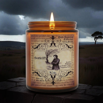 Heathcliff candle is inspired by Emily Bronte's Wuthering Heights. Dark Academia fans, Gothic Literature fans. Heathcliff candle smells like heather, oakmoss, leather saddle, Egyptian amber, soft musk, petrichor
