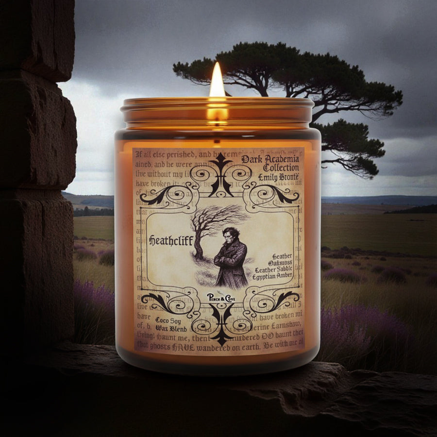 Heathcliff candle is inspired by Emily Bronte's Wuthering Heights. Dark Academia fans, Gothic Literature fans. Heathcliff candle smells like heather, oakmoss, leather saddle, Egyptian amber, soft musk, petrichor