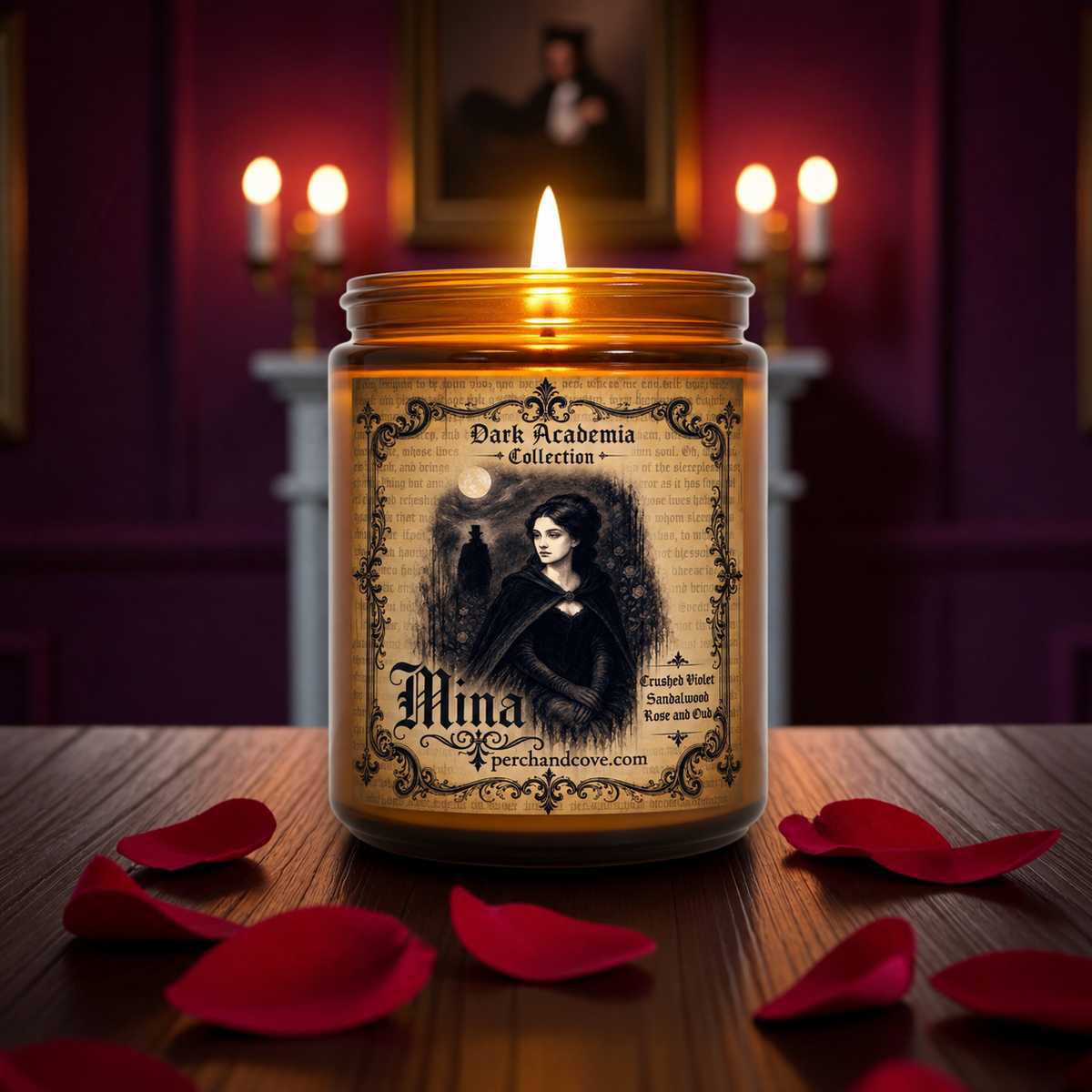 Mina candle inspired by Bram Stoker's Dracula. Dracula candle. Gothic literature, Dark Academia. Mina candle smells like crushed violet, sandalwood, rose and oud