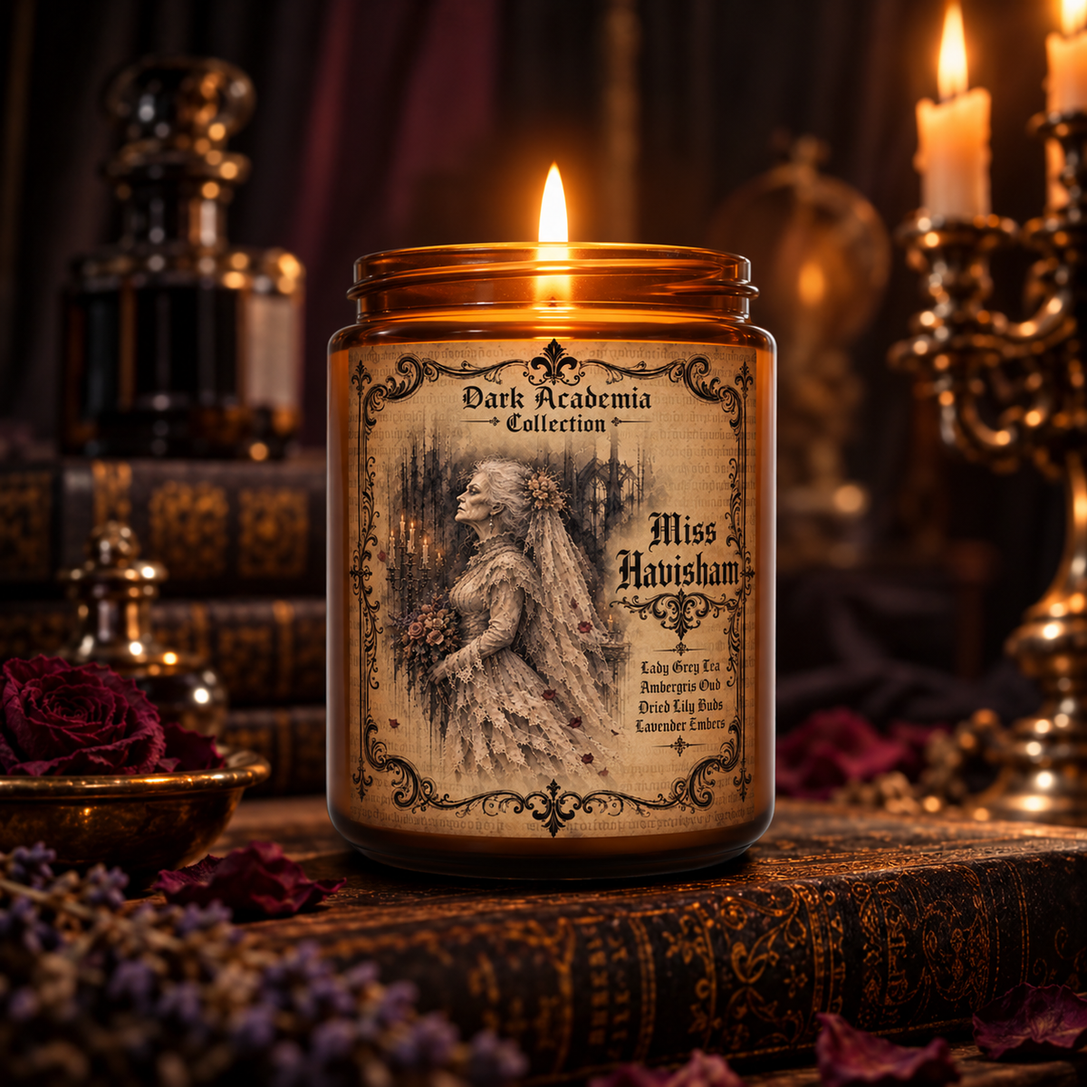 Lady Grey Tea, Ambergris Oud, Dried Lily Buds, Lavender Embers. The Miss Haversham Candle by Perch and Cove. Dark Academia Collection