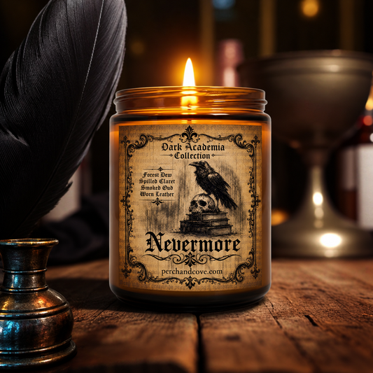 Nevermore candle is inspired by Edgar Allan Poe's The Raven. Perfect for Dark Academia fans, Gothic Literature fans. Nevermore candle smells like Forest Dew, Black Cherry Claret, Smoked Oud, Worn Leather. Halloween Fall Candle