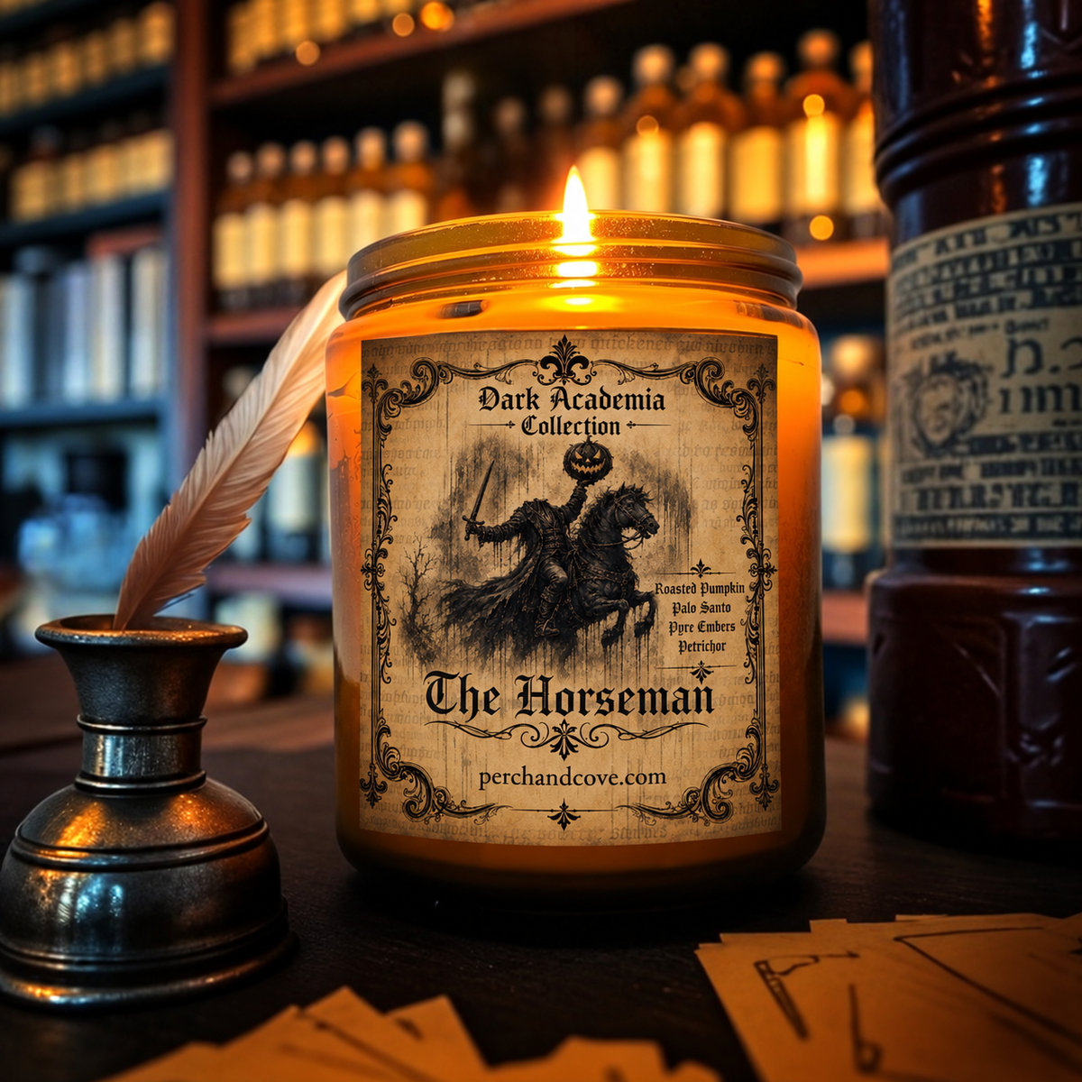Dark Academia Gothic Literature Candle for Halloween Gothic Horror Fans, The Headless Horseman smells like Pumpkin,
Patchouli, Petrichor, Pyre Embers