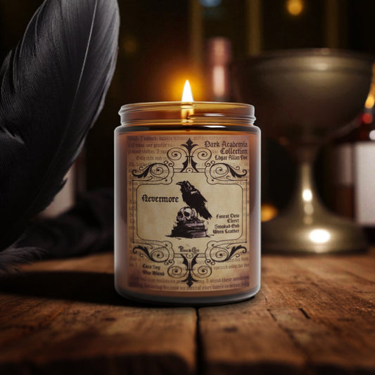 Nevermore candle is inspired by Edgar Allan Poe's The Raven. Perfect for Dark Academia fans, Gothic Literature fans. Nevermore candle smells like Forest Dew, Black Cherry Claret, Smoked Oud, Worn Leather. Halloween Fall Candle
