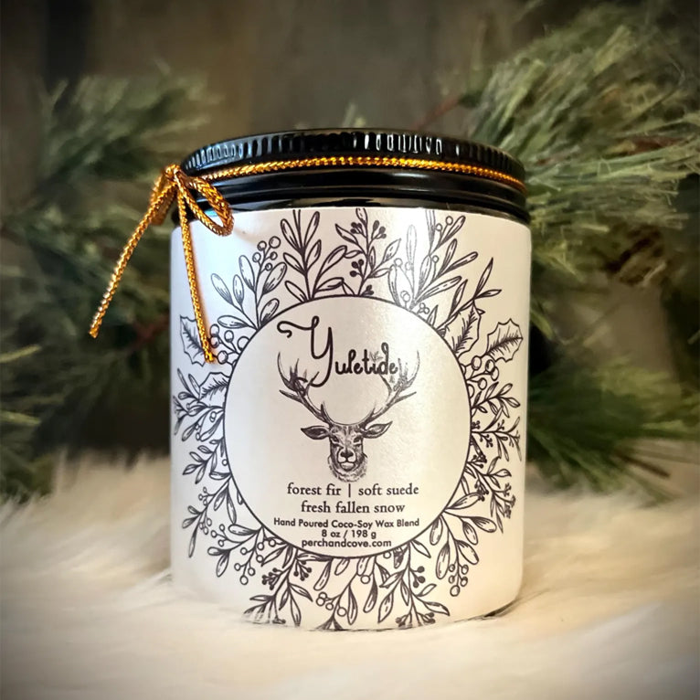 Yuletide yule pagan candle ritual, forest fir, soft suede, snow, fraser fir, yew, winter solstice gifts