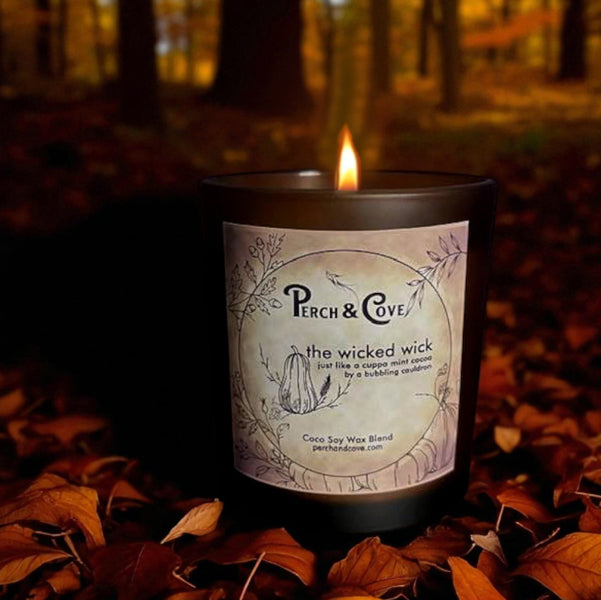 Wicked Wick Halloween candle for Fall with dark chocolate mint cocoa scent