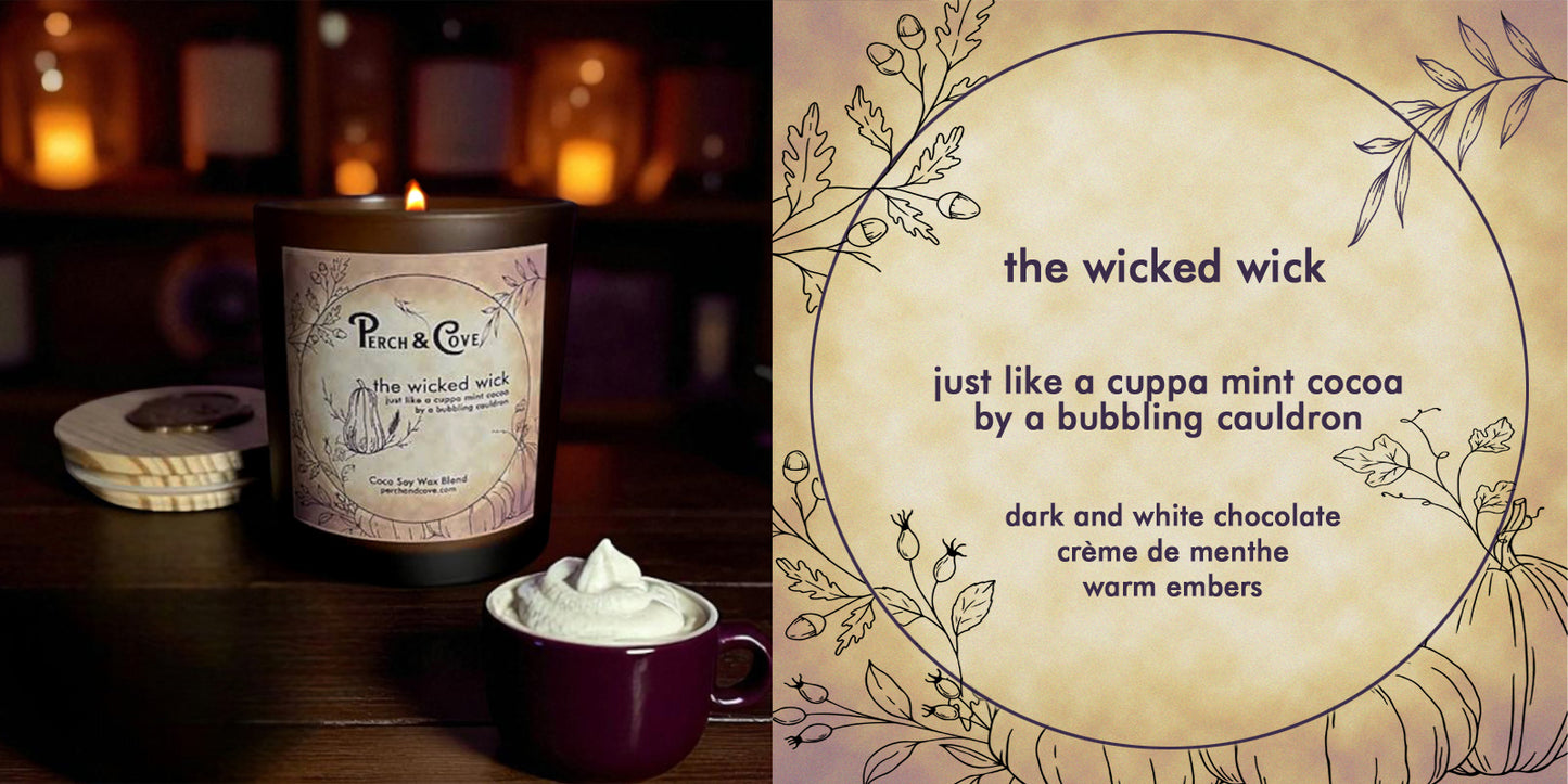 Wicked Wick Halloween candle for Fall with dark chocolate mint cocoa scent