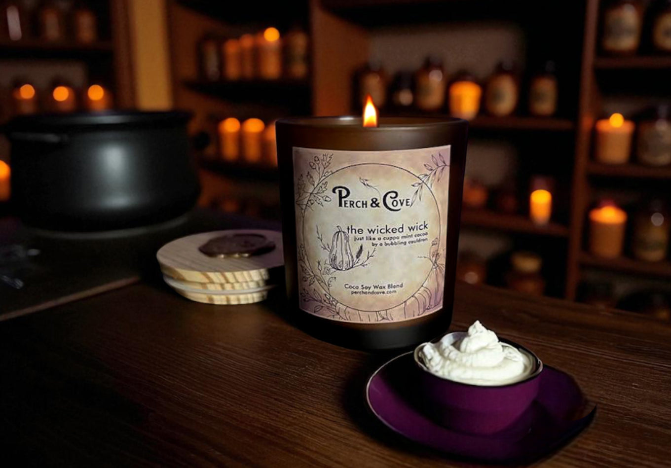 Wicked Wick Halloween candle for Fall with dark chocolate mint cocoa scent